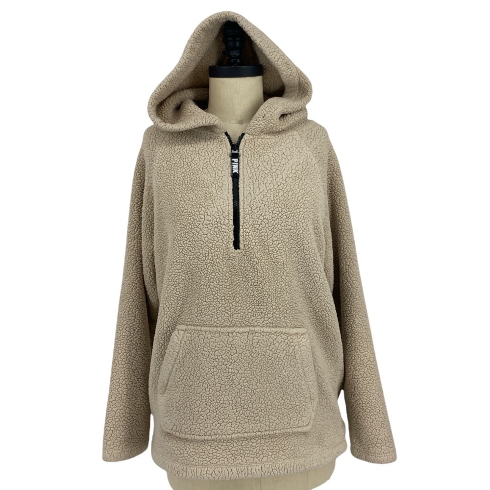 Pink VS Half zip hoodie Sherpa Teddy tan Size SP